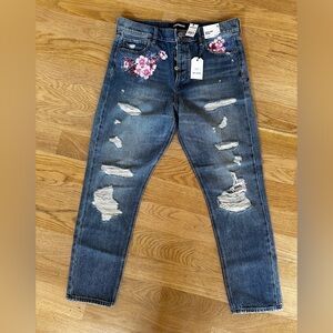 NWT Express Vintage Skinny High Rise Floral Embroidered Ripped Jeans 6